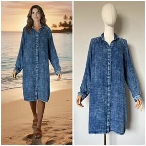 J.JILL Pure Jill Indigo Long Sleeve Shirt Dress Button Up Gauze Size Medium